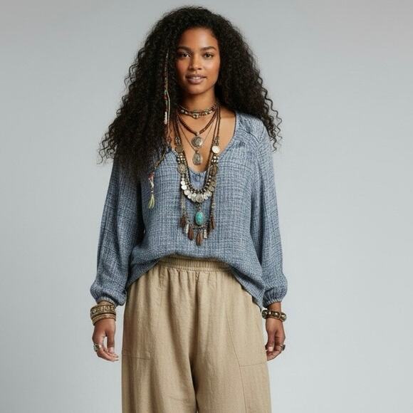 Terra & Sky Tops - Women's Boho Hippie Plus Size Crinkle Gauze Blouse V-Neck Gray Blue Tunic 1X